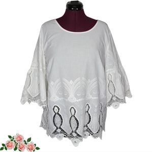 Alessa W Collection Womens 14 Top Crochet Eyelet Lace Feminine Bell Sleeve Tunic